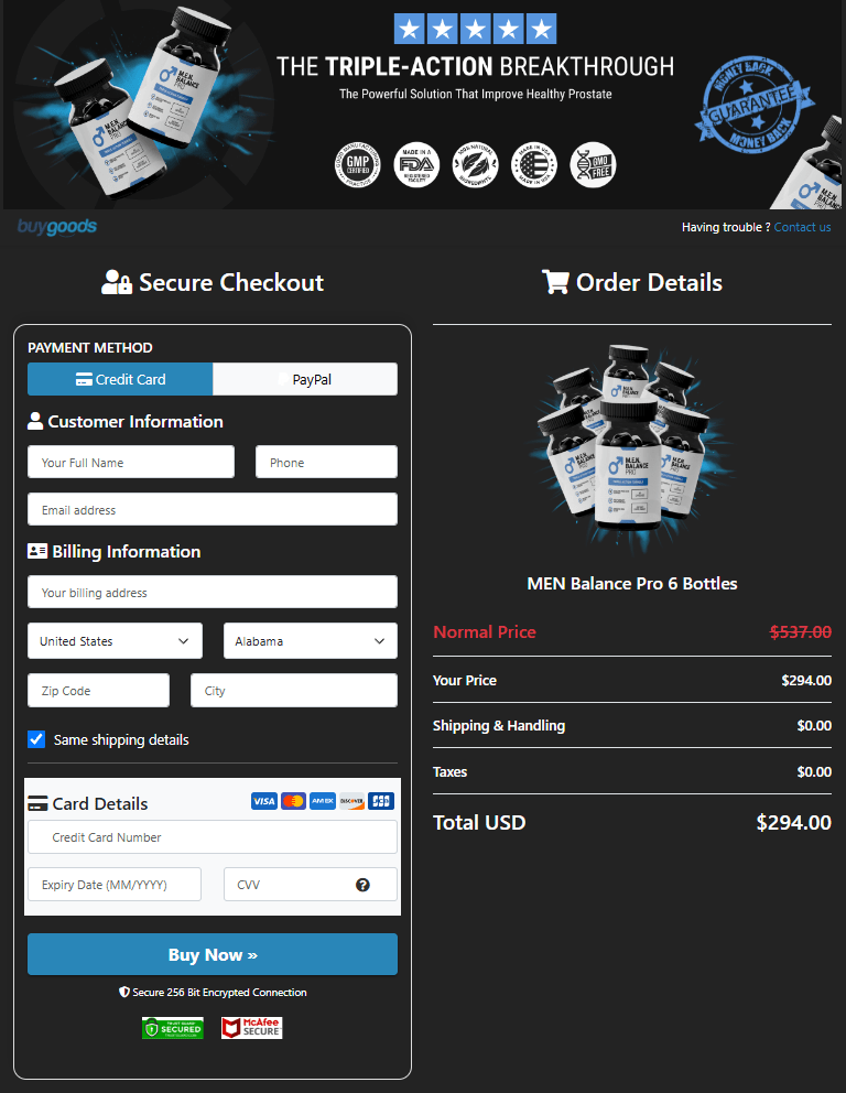 MEN Balance Pro Order Page